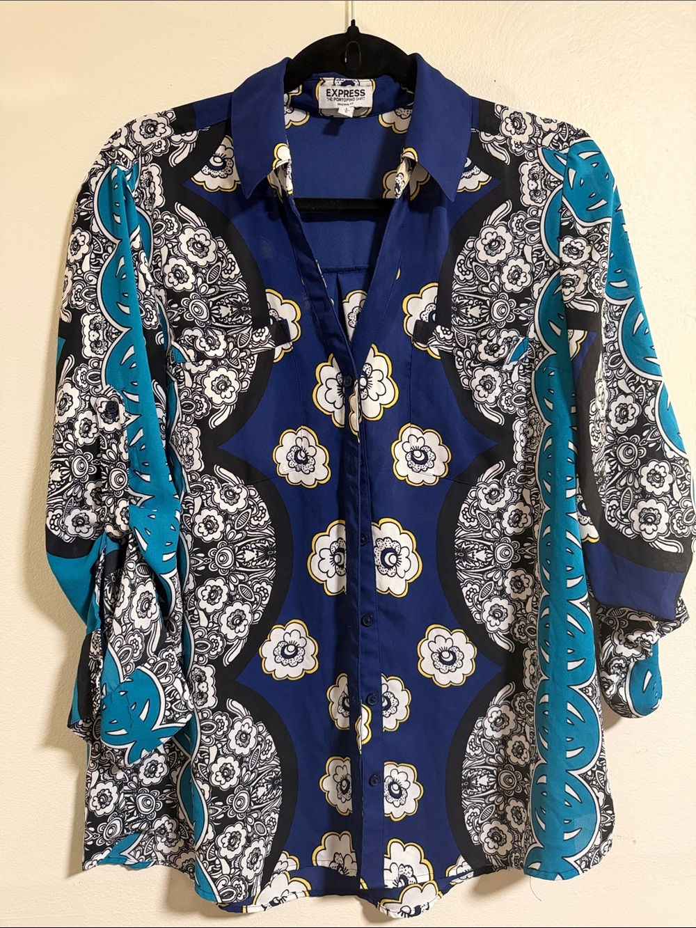 Express Navy, Teal & Black Floral-Print Button-Down Blouse
